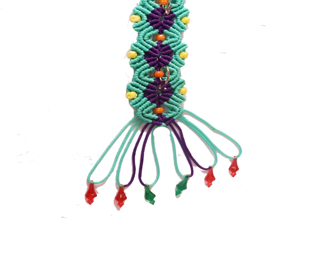 Vibrant Macrame Hanging Charm - Handcrafted Turquoise Purple Yellow Beads