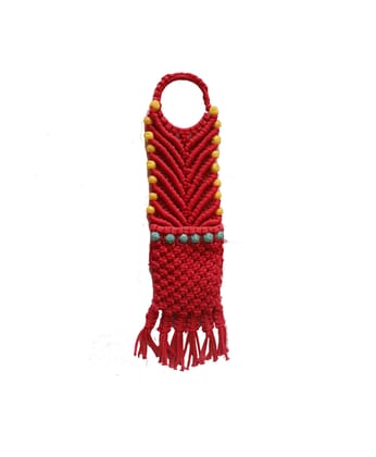 Vibrant Red Macrame Wall Hanging with Yellow & Teal Beads - Handmade Home Decor