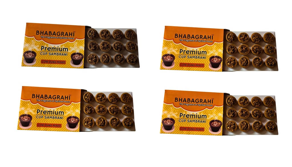 Bhabagrahi Premium Sambrani Cups | Pure Guggul, Loban & Cow Dung Mix | Puja & Meditation Aroma with Burning Plate (48 Cups, Set of 4 Boxes)