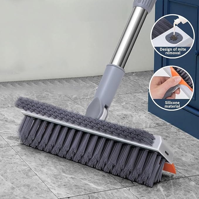 Plastic 3 in 1 Toilet Bathroom Cleaning Brush with Wiper and Long Handle - 180° Rotate Floor Scrub Brush for Tiles, Home Kitchen Bathroom Accessories (Orange).