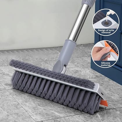 Plastic 3 in 1 Toilet Bathroom Cleaning Brush with Wiper and Long Handle - 180° Rotate Floor Scrub Brush for Tiles, Home Kitchen Bathroom Accessories (Orange).