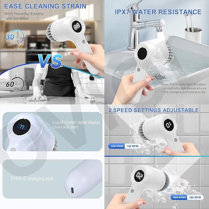 5 in 1 Bathroom Cleaning Brush Electric Cleaning Scrubber LED Display Dual Speed Multifunctional Electric Cleaning Brush Electric Spin Scrubber House Cleaning Machine (5 in 1 Handheld)