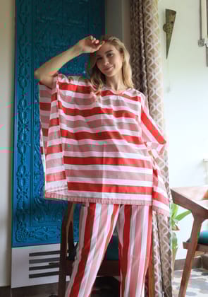 Red Striped Kaftan & Pyjama Set-S / Pure Cotton
