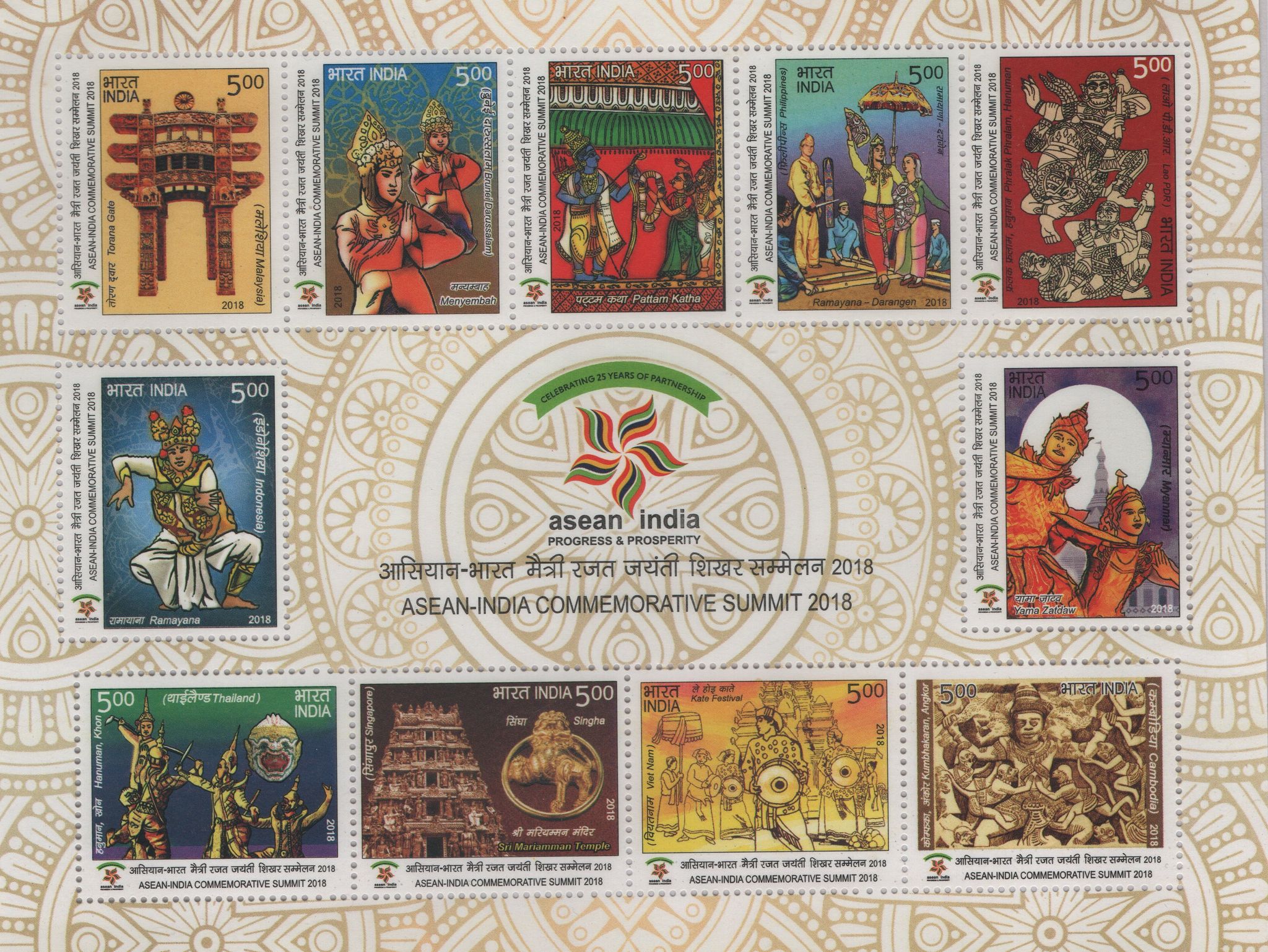 Shobhaphila's 2018 ASEAN- Indian Commorative summit Indian Miniature Sheet Stamp ( 25th Jan 2018)