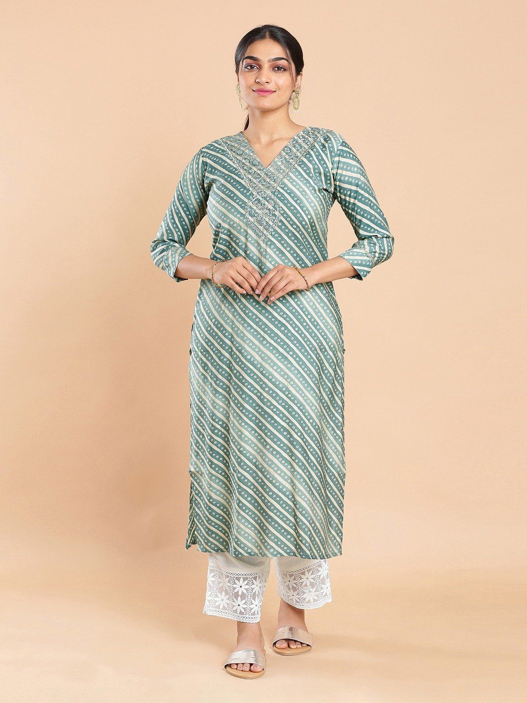 Kalyan Silks Bandhani Printed Dark Pista Green Color Kurti Top