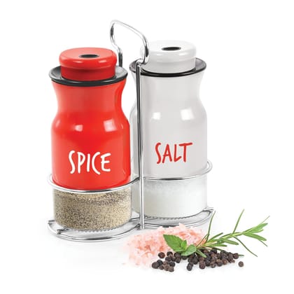 Treo By Milton Zingy Salt and Pepper Shakers Set with Adjustable Pour Holes & Stand, Glass Bottom Spice Dispenser, Set of 2, Red & White
