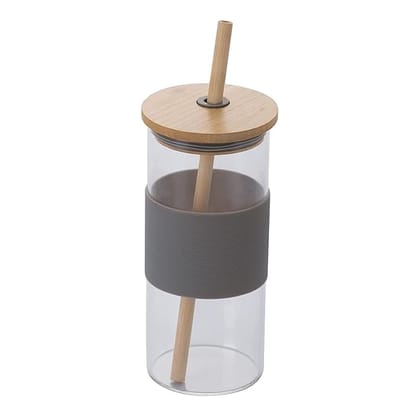 Glass Tumbler with Bamboo Lid and Straw 400ml, Reusable Drinking Sipper Bottle with Silicone Protective Sleeve for Iced Tea, Smoothies, Cold Coffee, Hot Beverages (Pack of 1)