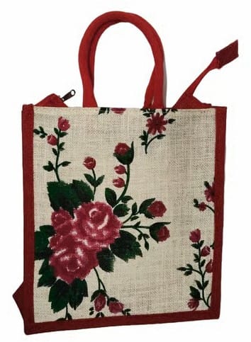 Eco-Friendly Hand-Painted Rose Jute Bag with Red Handles - Stylish Reusable Tote