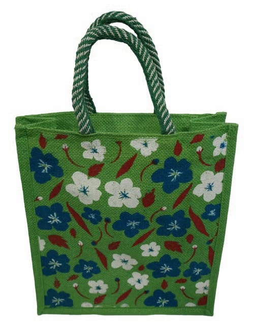 Eco-Friendly Green Floral Jute Tote Bag - Stylish Reusable Shopping Bag