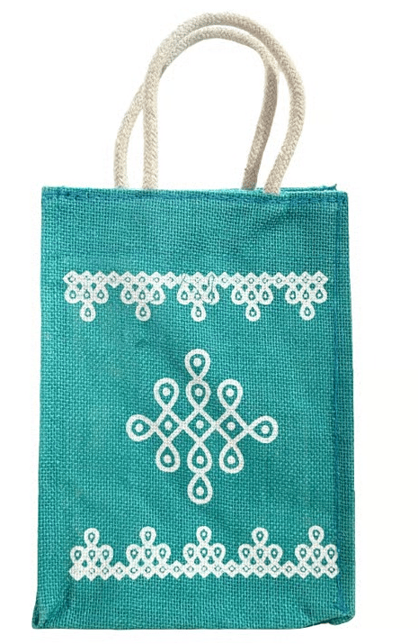 Eco-Friendly Teal Jute Gift Bag with Traditional Kolam Print - Sustainable & Stylish