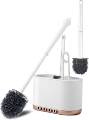 Silicone Toilet Brush and Holder Set, with a Extra Crevice Cleaning Brush Deep Cleaning Toilet Bowl Brush for Bathroom Toilet Brushes for Bathroom Wall Mounted Water Drop (4IN1 White)
