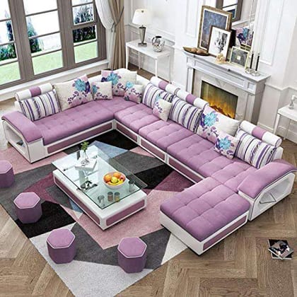 Starlet Furniture U Shape 9 Seater Fabric Sofa Set with Tea Table & 4 Puffy 9 (Pink )