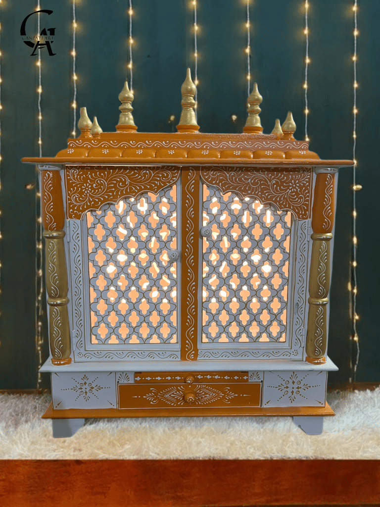 Handcrafted Wooden Pooja Mandir with led light,Jali Work & Drawer - Home Temple for Divine Serenity