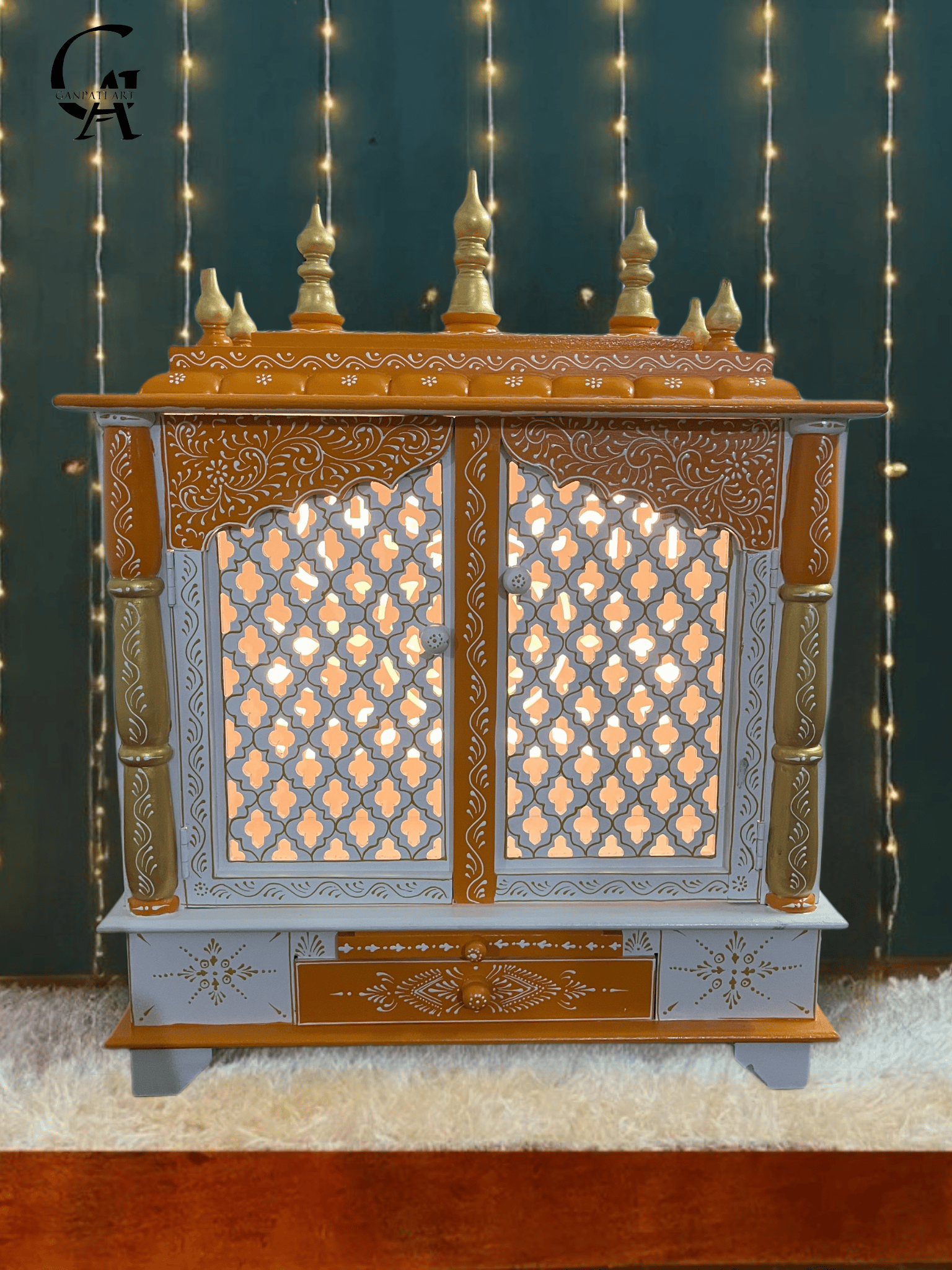 Handcrafted Wooden Pooja Mandir with led light,Jali Work & Drawer - Home Temple for Divine Serenity