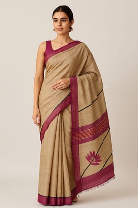 Elegant Beige Cotton Blend Saree with Magenta Border & Lotus Print Pallu