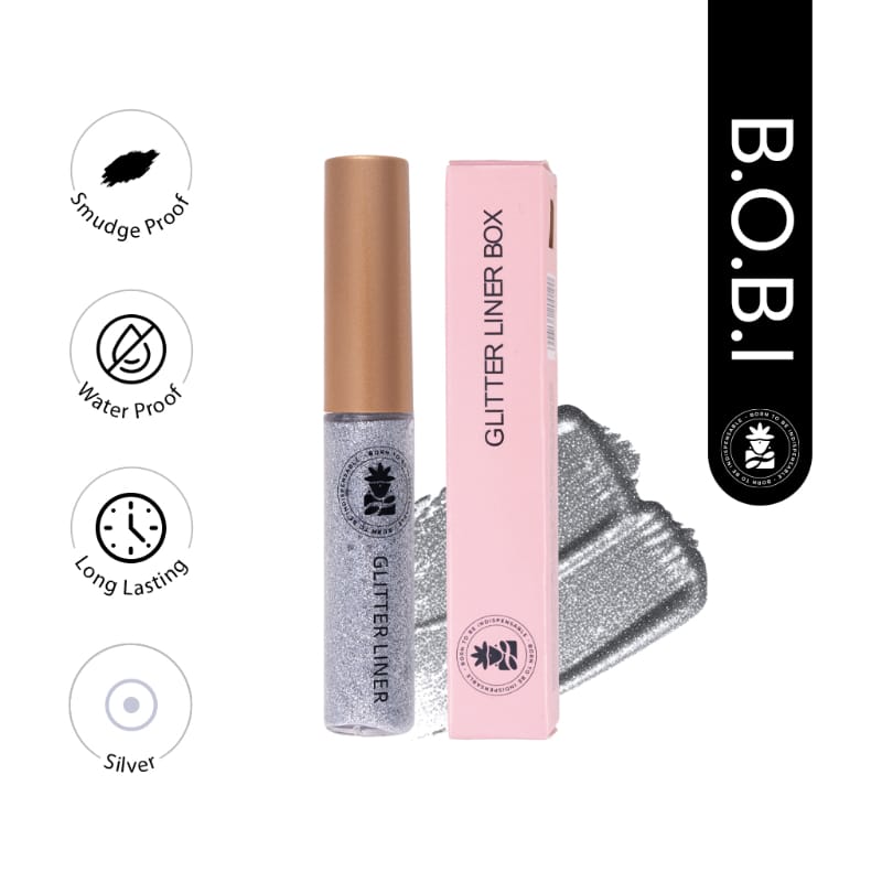 BOBI Glitter Eyeliner Silver | Diamond Sparkle Finish | Waterproof Long Wear | Quick Dry Smudge proof | Felt-Tip Precision | Cruelty-Free Paraben-Free-5ml