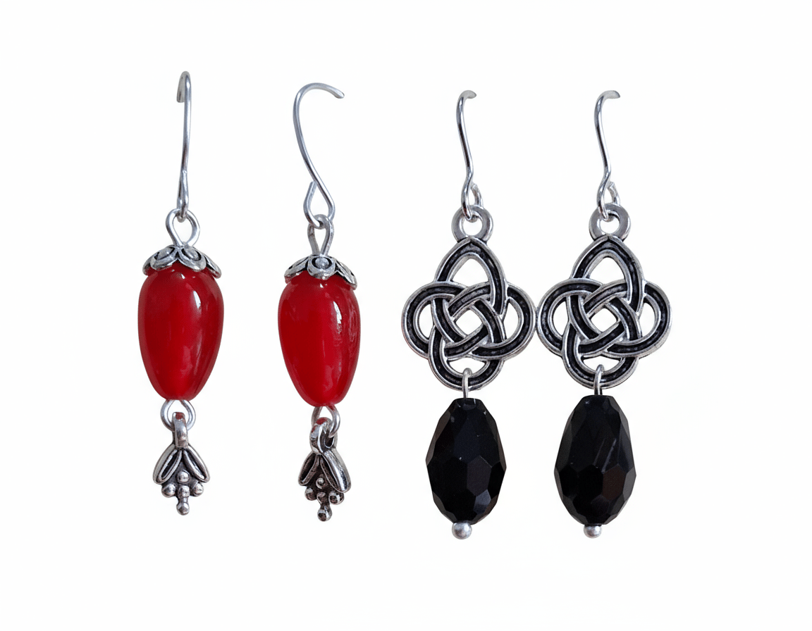 Vibrant Red Teardrop & Mystic Black Celtic Knot Dangle Earrings Combo