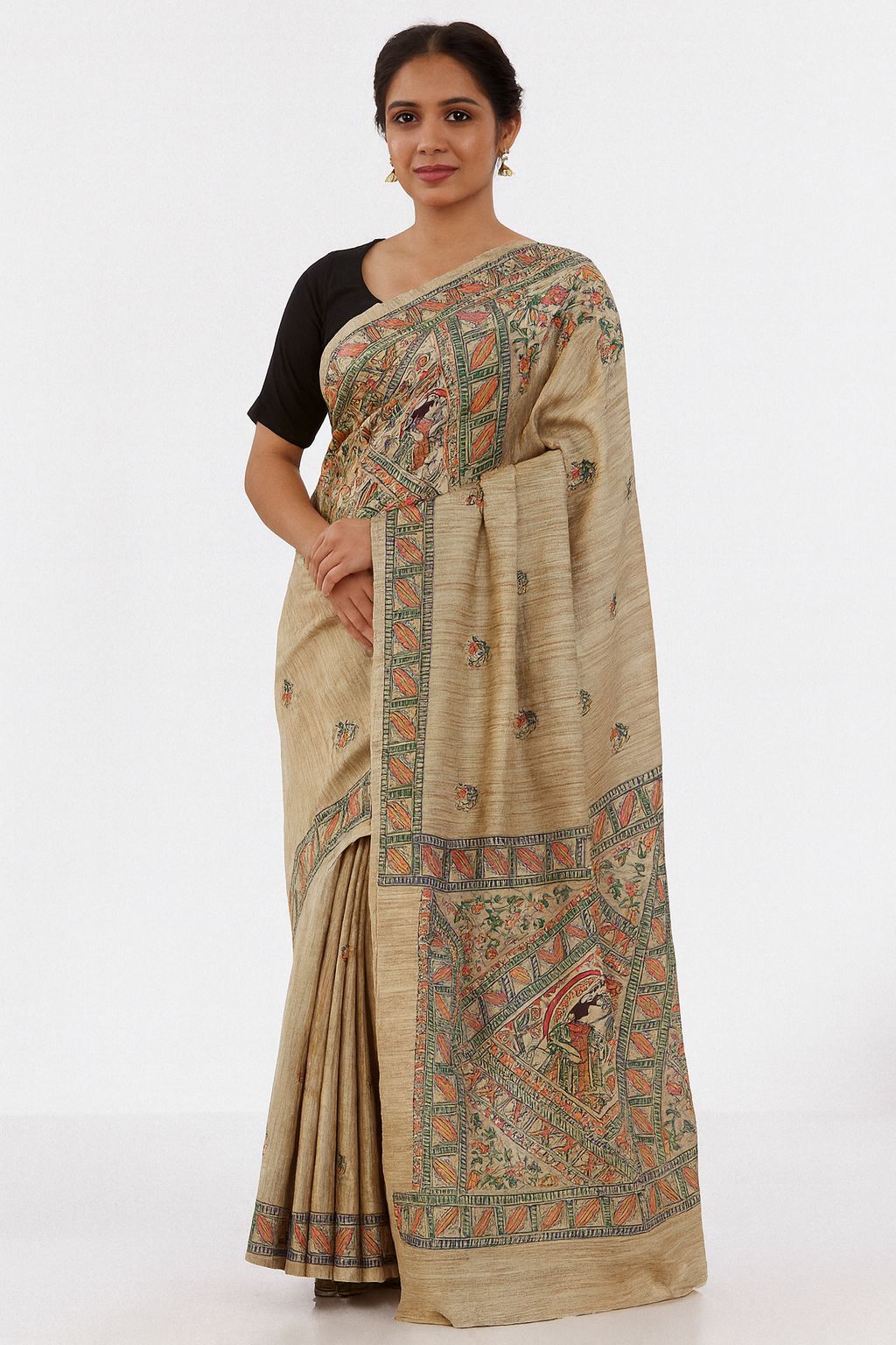 Elegant Beige Tussar Silk Saree with Madhubani Hand-Painted Motifs – Traditional Indian Wear