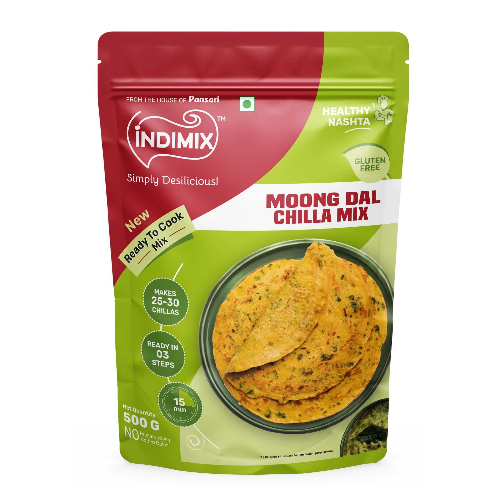 Indimix Ready to Cook Moong Dal Chilla Mix - 500g ( Pack of 20 )