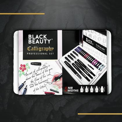 Black Beauty Calligraphy Professional Set Gift Case – Fountain Pen Kit with 5 Nib Widths (0.7mm–2.5mm), 8 Ink Colours, 4 Pen Bodies, 20 Ink Cartridges, Ink Converter & Gift Tin for Adults & Teens