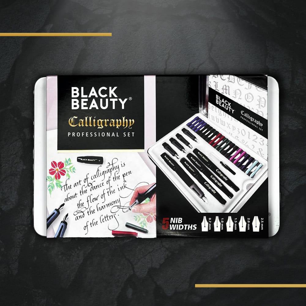 Black Beauty Calligraphy Professional Set Gift Case – Fountain Pen Kit with 5 Nib Widths (0.7mm–2.5mm), 8 Ink Colours, 4 Pen Bodies, 20 Ink Cartridges, Ink Converter & Gift Tin for Adults & Teens