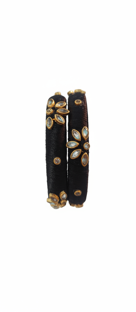 Black Silk Thread Bangles with Gemstone Embellishments