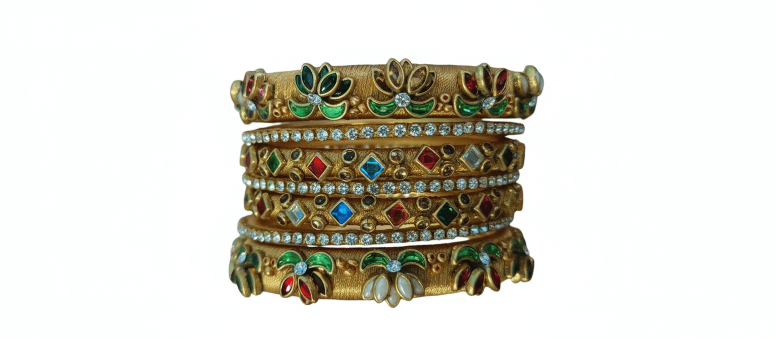 Gold Bangles with Gemstones and Floral Embellishments
