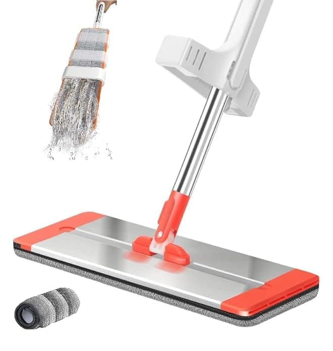 Microfiber Flat Mop for Floor Cleaning Self Wringing Stainless Steel Handle, 360 Hands Free Squeeze Mop with Extra Pad for Dust and Floor Cleaning (Flat mop)