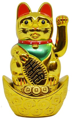 Ahina 5"  Battery Operated Feng Shui Lucky Cat Sitting On The Boat with Waving Arm, for Health Wealth & Prosperity (Battery not Included) (Medium)
