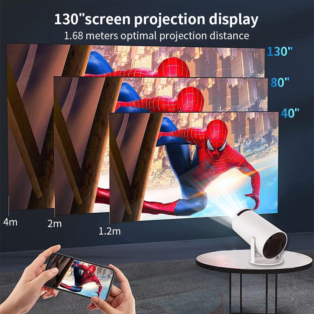 Portable Mini Projector, 4K 1080P Full HD Projector, Support Video Projector, Cinema Projector 180 Can Be Rotated, Android 11, Compatible with TV Stick/Windows/iOS/Android and Built-in Apps (Netflix, Prime, YouTube)