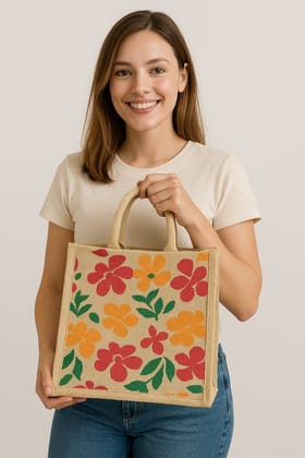 Jute tote bag with floral print. 1Pc