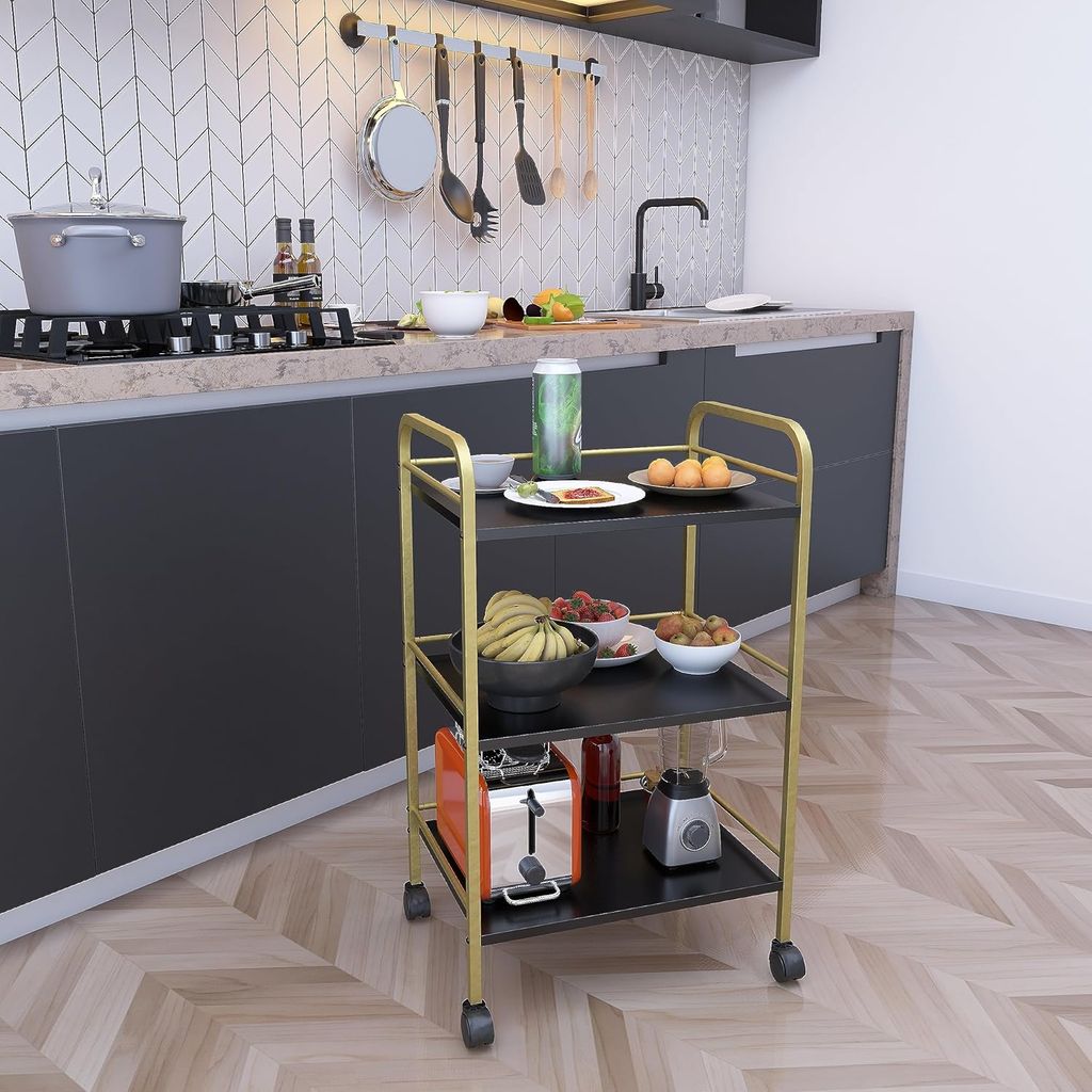 Modern Gold 3-Tier Rolling Utility Cart with Black Shelves & Wheels
