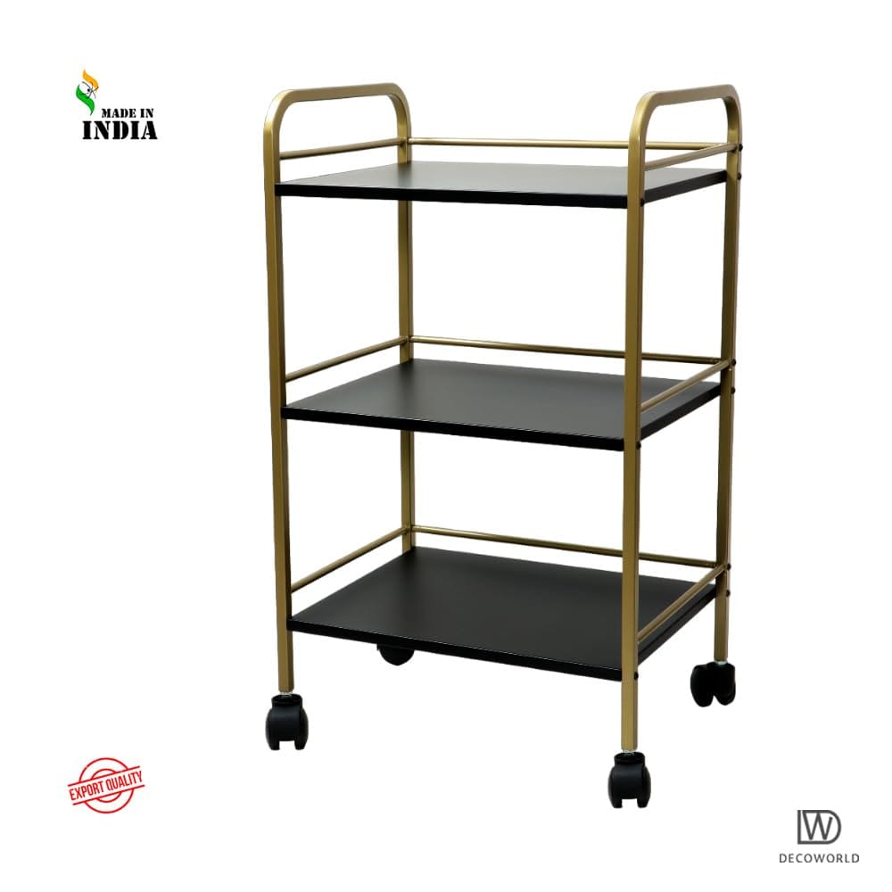 Modern Gold 3-Tier Rolling Utility Cart with Black Shelves & Wheels