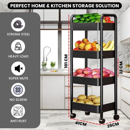 Versatile 4-Tier Black Metal Rolling Storage Cart for Kitchen & Home Organization