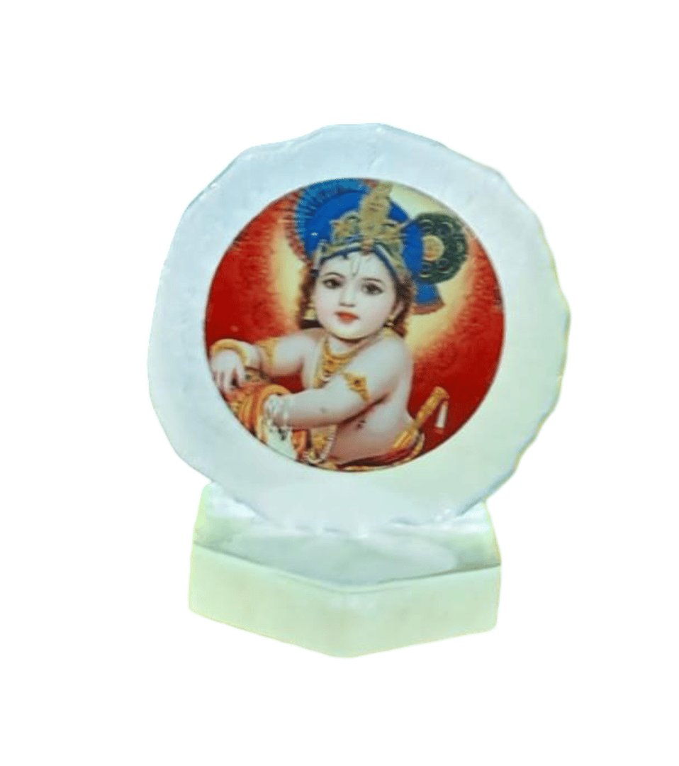 Resin Bal Krishna Laddu Gopal Idol Stone Frame Spiritual Home Temple Decor
