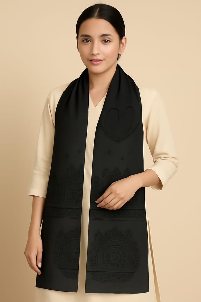 Handcrafted Madhubani Art Silk Stole – Black