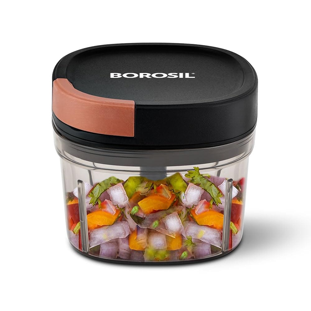 Borosil EazyPull Chopper with 3 Blades, Pull Chopper with Durable String, Mini Chopper for Kitchen, for Chopping Vegetables, Leafy Greens & Herbs, BPA-Free, Unbreakable 600 ml Chopping Bowl