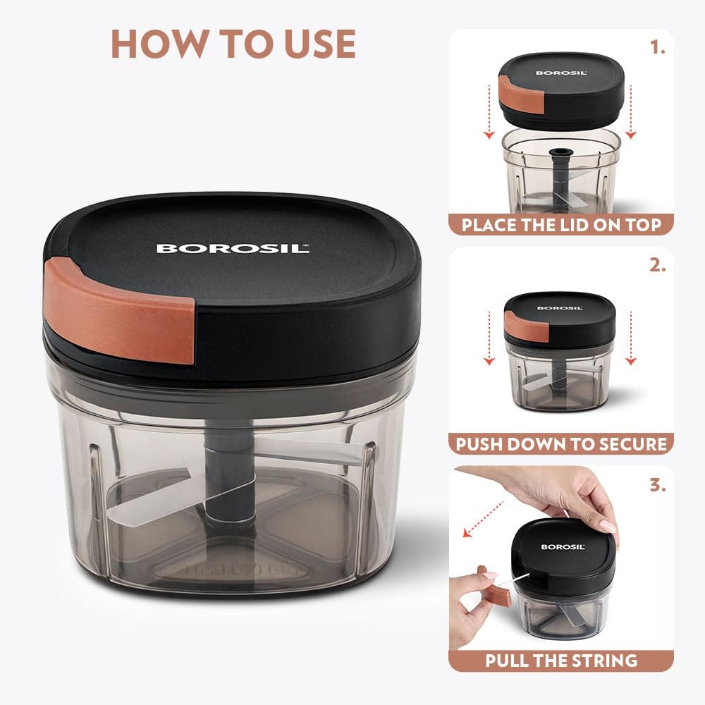 Borosil EazyPull Chopper with 3 Blades, Pull Chopper with Durable String, Mini Chopper for Kitchen, for Chopping Vegetables, Leafy Greens & Herbs, BPA-Free, Unbreakable 600 ml Chopping Bowl