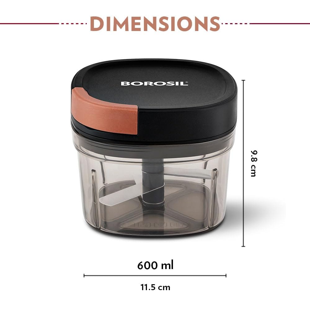 Borosil EazyPull Chopper with 3 Blades, Pull Chopper with Durable String, Mini Chopper for Kitchen, for Chopping Vegetables, Leafy Greens & Herbs, BPA-Free, Unbreakable 600 ml Chopping Bowl