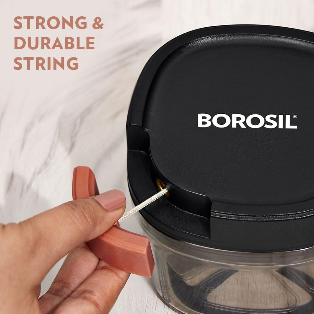 Borosil EazyPull Chopper with 3 Blades, Pull Chopper with Durable String, Mini Chopper for Kitchen, for Chopping Vegetables, Leafy Greens & Herbs, BPA-Free, Unbreakable 600 ml Chopping Bowl