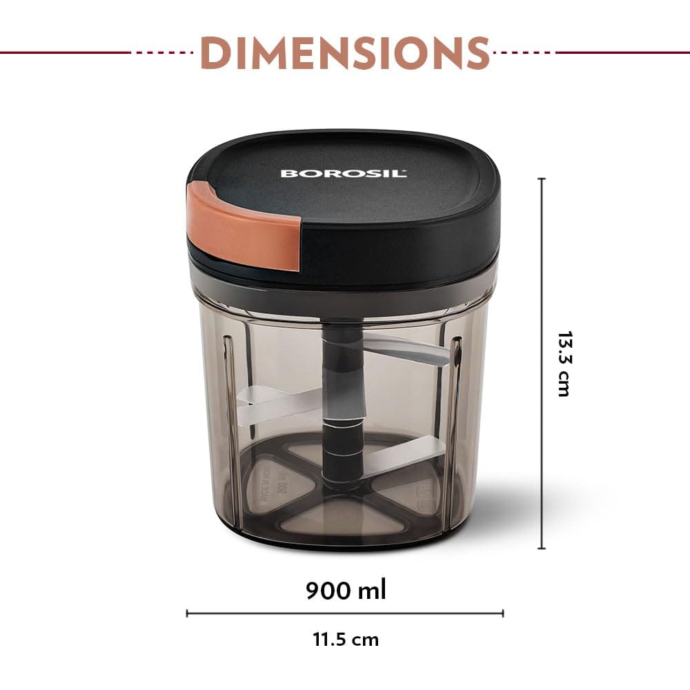 Borosil EazyPull Chopper with 6 Blades, Pull Chopper with Durable String, Mini Chopper for Kitchen, for Chopping Vegetables, Leafy Greens & Herbs, BPA-Free, Unbreakable 900 ml Chopping Bowl