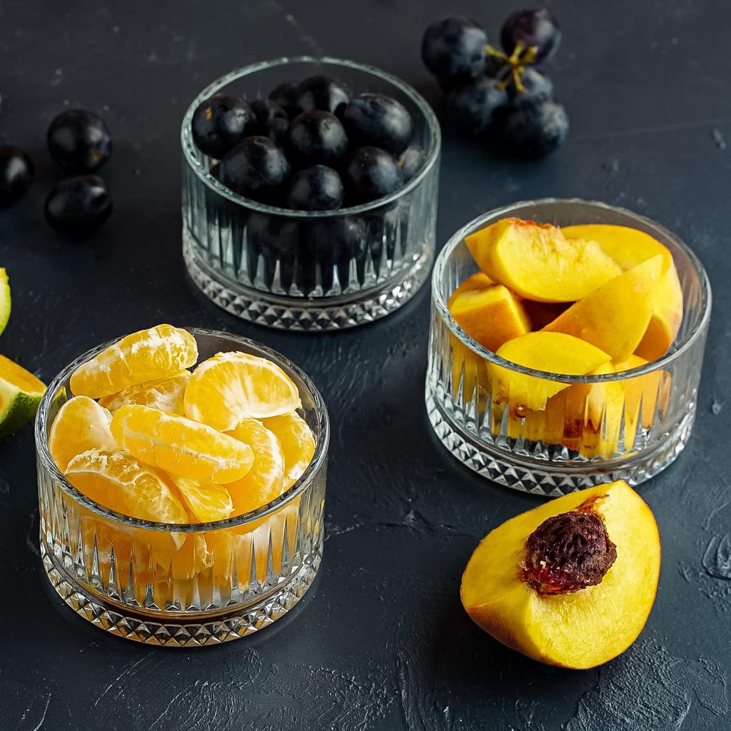 Glass Serving Bowls with Cut Design, Perfect for Snacks,Desserts,Salads, Dry Fruits, Ideal for Home Use, Restaurants,Parties, Durable Quality Glass Adds Charm to Any Dining Setup (4.2 Inch, Set of 6)