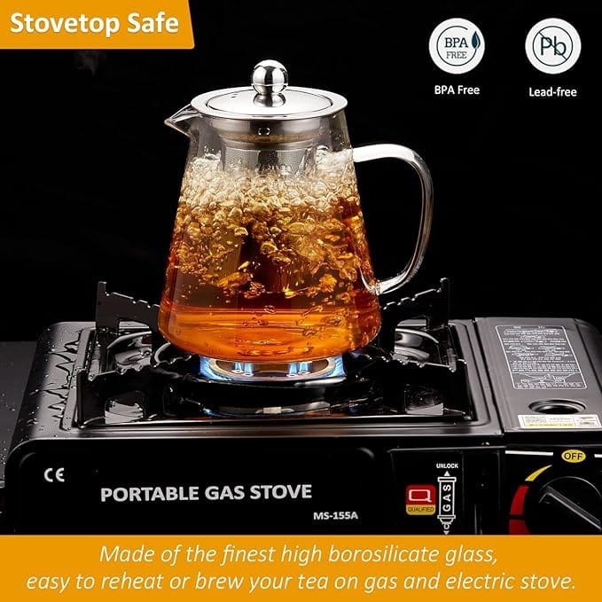 Glass Kettle with Removable Infuser & Lid, 900 ML,Set of 1,Teapot with Handle,Unique Design & Safety Features,Stovetop Safe,Great for Loose Leaf, Blooming Tea,Stovetop Safe,Heat-Resistant