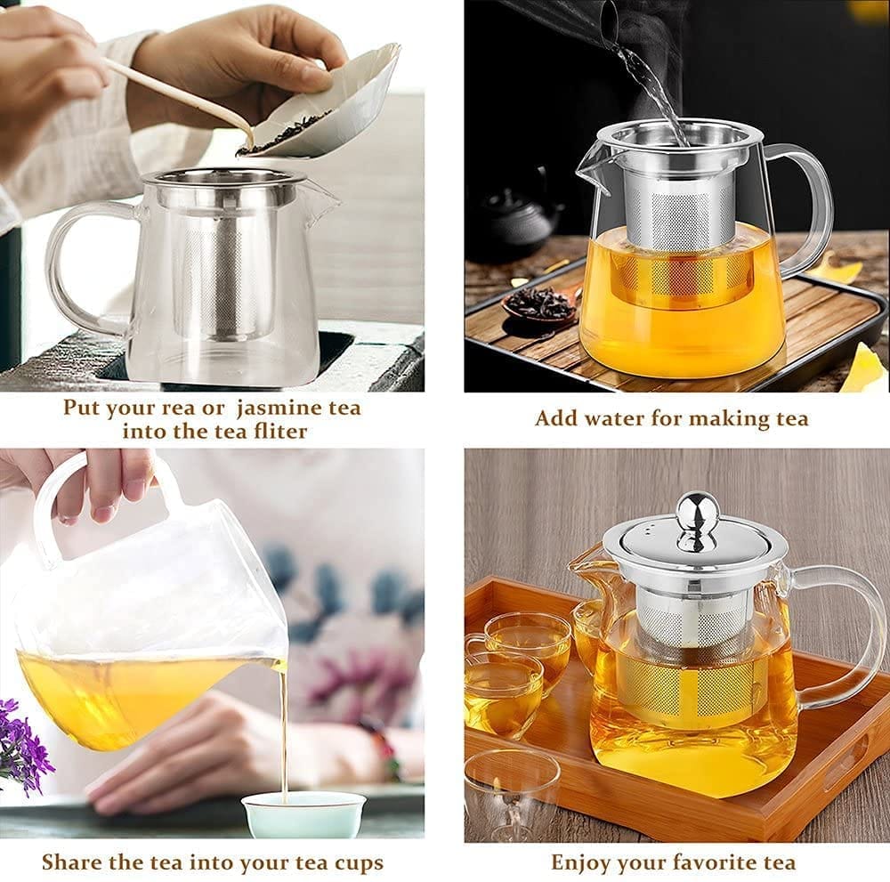 Glass Kettle with Removable Infuser & Lid, 900 ML,Set of 1,Teapot with Handle,Unique Design & Safety Features,Stovetop Safe,Great for Loose Leaf, Blooming Tea,Stovetop Safe,Heat-Resistant