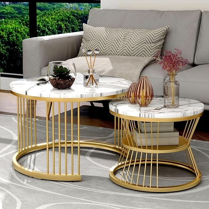 Modern Nesting Coffee Tables Set of 2 for Living Room and Bedroom White Marble Design Wooden Top with Gold Metal Base, Round Side Tables for Living Room (Gold White)