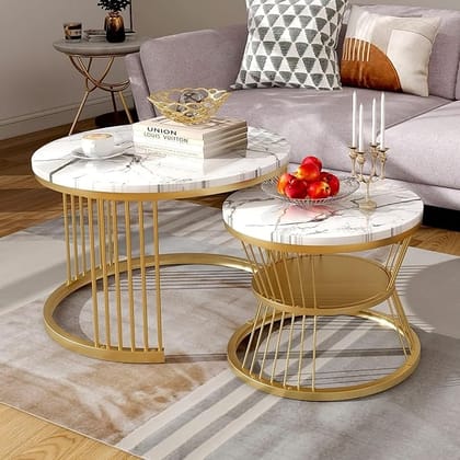 Modern Nesting Coffee Tables Set of 2 for Living Room and Bedroom White Marble Design Wooden Top with Gold Metal Base, Round Side Tables for Living Room (Gold White)