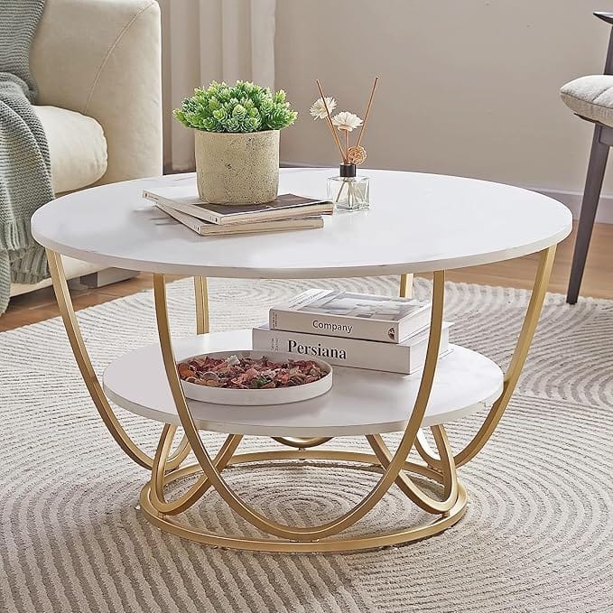 Modern Faux Marble Top Round 2 Tier Metal Coffee Tables Simple Living Room Table Sets, Sofa Center Table End Tables with Metal Frame Home Decor for Living Room (Gold & White)