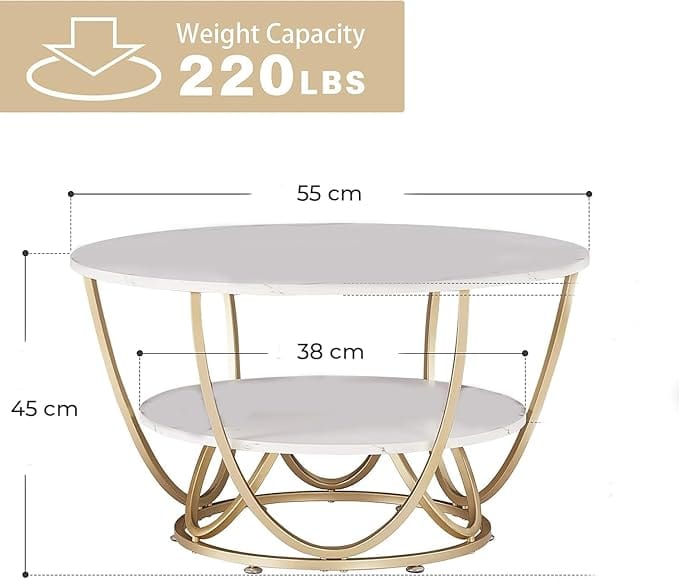Modern Faux Marble Top Round 2 Tier Metal Coffee Tables Simple Living Room Table Sets, Sofa Center Table End Tables with Metal Frame Home Decor for Living Room (Gold & White)