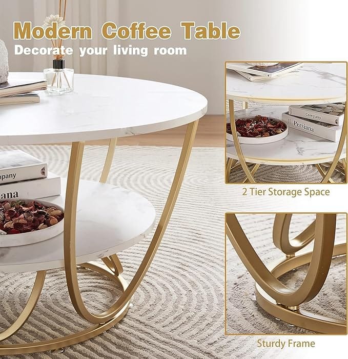 Modern Faux Marble Top Round 2 Tier Metal Coffee Tables Simple Living Room Table Sets, Sofa Center Table End Tables with Metal Frame Home Decor for Living Room (Gold & White)