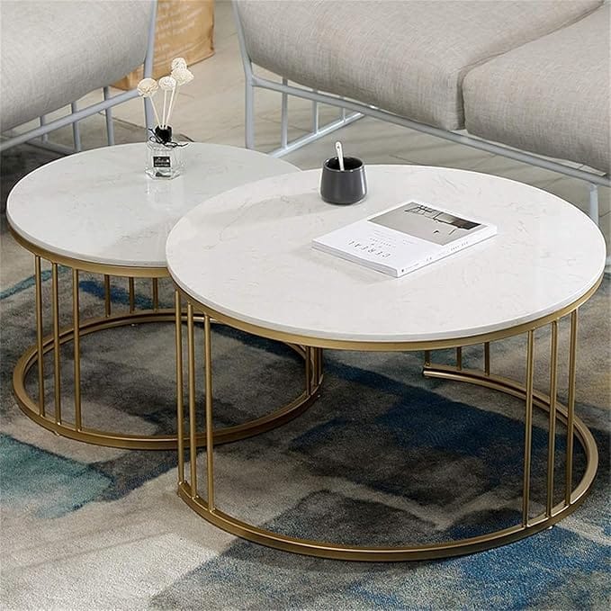 Centre Table Modern Living Room Sofa End Table Accent Tables, Two-Piece Round Nesting Coffee Table Set with Iron Base and MDF Top for Contemporary Decor Side Table (White Gold)